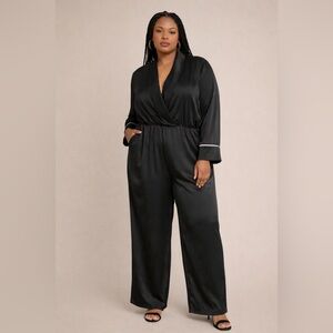 ELOQUII Black Satin Wide-Leg Jumpsuit Size 20 NWT Shawl Collar